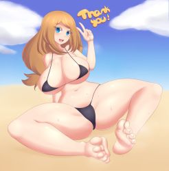 Rule 34 | 10s, 1girl, bikini, blue eyes, blush, breasts, brown hair, cleavage, creatures (company), exhibitionism, game freak, huge breasts, jcdr, large breasts, looking at viewer, micro bikini, midriff, navel, nintendo, open mouth, pokemon, pokemon xy, public indecency, serena (pokemon), smile, solo, sweat, swimsuit, thick thighs, thighs, v