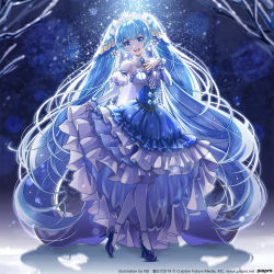 Rule 34 | 1girl, :d, absurdly long hair, bad id, bad pixiv id, bare shoulders, beamed eighth notes, blue bow, blue eyes, blue footwear, blue hair, blue skirt, blurry, blurry foreground, blush, bow, branch, commentary request, depth of field, detached sleeves, eighth note, frilled skirt, frills, full body, hatsune miku, head tilt, high heels, highres, juliet sleeves, long hair, long sleeves, musical note, open mouth, pantyhose, puffy sleeves, round teeth, shirt, shoes, sidelocks, skirt, smile, solo, standing, strapless, striped, striped sleeves, teeth, twintails, upper teeth only, very long hair, vocaloid, watermark, web address, white pantyhose, white shirt, yuki miku, yuuka nonoko