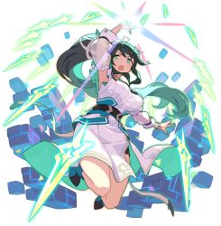 Rule 34 | 1girl, armpits, arms up, artist request, bangle, belt, black hair, blue footwear, blush, bracelet, breasts, dagger, detached sleeves, dress, energy weapon, female focus, floating, floating object, floating weapon, frilled shirt, frilled sleeves, frills, full body, green eyes, hair ornament, hair ribbon, highres, jewelry, jumping, knife, large breasts, legs up, light blush, long hair, looking at viewer, non-web source, official art, open mouth, outstretched arm, phiria (world flipper), ponytail, ribbon, see-through, shirt, shoes, short sleeves, side slit, sidelocks, solo, teeth, transparent background, two-sided dress, two-sided fabric, v-shaped eyebrows, very long hair, weapon, white dress, white ribbon, white sleeves, world flipper