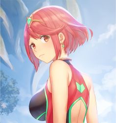 Rule 34 | 1girl, anbe yoshirou, ass, back cutout, bare arms, bare shoulders, breasts, closed mouth, clothing cutout, competition swimsuit, day, earrings, emerald float, fence, gem, highres, jewelry, large breasts, looking at viewer, looking back, multicolored clothes, multicolored swimsuit, nintendo, one-piece swimsuit, outdoors, pyra (pro swimmer) (xenoblade), pyra (xenoblade), red eyes, red hair, short hair, sitting, smile, solo, swept bangs, swimsuit, thighs, tiara, tree, upper body, xenoblade chronicles (series), xenoblade chronicles 2