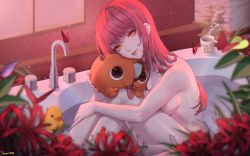 Rule 34 | 1girl, absurdres, animal, animal hug, bathtub, breasts, bug, butterfly, c.honey, chainsaw man, closed mouth, coffee mug, cup, fangs, flower, highres, hugging own legs, indoors, insect, knees up, large breasts, long hair, looking at viewer, looking to the side, makima (chainsaw man), mug, nude, orange eyes, partially submerged, pochita (chainsaw man), red butterfly, red flower, red hair, ringed eyes, rubber duck, sitting, tongue, tongue out