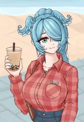 Rule 34 | 2girls, :3, absurdres, alternate body size, aqua eyes, aqua ribbon, bag, beach, blue hair, blue nails, blue pants, blue wings, breast pocket, breasts, brown bag, bubble tea, buttoned cuffs, buttons, checkered clothes, checkered shirt, closed mouth, collared shirt, cup, day, denim, disposable cup, drink, drinking straw, elira pendora, fenner-0, hair over one eye, hair ribbon, handbag, head wings, high-waist pants, high ponytail, highres, holding, holding cup, holding drink, jeans, large breasts, long hair, long sleeves, multicolored hair, multiple girls, nijisanji, nijisanji en, one eye covered, open collar, outdoors, pants, pocket, pomu rainpuff, ribbon, sand, shirt, shirt tucked in, shore, sidewalk, smile, virtual youtuber, white hair, wings