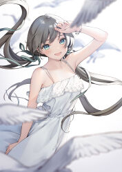 Rule 34 | 1girl, :d, animal, arm up, bare arms, bare shoulders, bird, black hair, blue eyes, blurry, blurry foreground, collarbone, commentary request, depth of field, dress, floating hair, gradient background, green ribbon, grey background, hair ribbon, long hair, looking at viewer, low twintails, ne-on, open mouth, original, ribbon, sleeveless, sleeveless dress, smile, solo, twintails, very long hair, white background, white dress