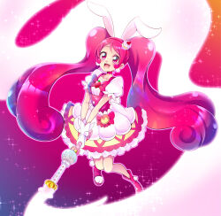Rule 34 | 1girl, :d, absurdres, animal ears, bow, cake hair ornament, choker, commentary, commission, cure whip, dress, earrings, food, food-themed hair ornament, food-themed ornament, fruit, gloves, hair ornament, highres, holding, holding wand, jewelry, kirakira precure a la mode, light trail, long hair, looking to the side, magical girl, mitsuki tayura, multicolored clothes, multicolored dress, open mouth, pink bow, pink choker, pink eyes, pink footwear, pink hair, pom pom (clothes), pom pom earrings, precure, puffy short sleeves, puffy sleeves, rabbit ears, short sleeves, smile, solo, sparkle, standing, strawberry, twintails, usami ichika, very long hair, wand, white gloves