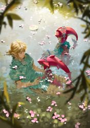 Rule 34 | 1girl, 2boys, absurdres, blonde hair, blue shirt, branch, cherry blossoms, colored skin, crown, earrings, eye contact, highres, jewelry, link, looking at another, mipha, monster boy, monster girl, multiple boys, nintendo, pointy ears, red skin, sharp teeth, shirt, sidon, swimming, teeth, tehwi, the legend of zelda, the legend of zelda: breath of the wild, tunic, water, zora
