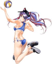 Rule 34 | 1girl, animal hat, ass, ball, blue hair, blue tank top, breasts, cat hat, cleavage, collarbone, full body, gradient background, grey eyes, hat, kantai collection, large breasts, long hair, multicolored clothes, multicolored hair, official art, playing sports, ponytail, red hair, source mismatch, south dakota (kancolle), south dakota kai (kancolle), sports bikini, tank top, transparent background, volleyball, volleyball (object), white hair, zeco