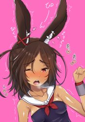 Rule 34 | 1girl, afterimage, animal ears, arm up, azur lane, bare shoulders, blush, bow, breasts, brown hair, collarbone, commentary request, cursor, dark-skinned female, dark skin, drooling, ear ribbon, fingernails, hair between eyes, heart, highres, i-26 (azur lane), kiyomin, long hair, medium breasts, neckerchief, one eye closed, open mouth, parted bangs, pink background, rabbit ears, red eyes, red neckerchief, red ribbon, ribbon, sailor collar, saliva, simple background, solo, sweat, tears, translation request, trembling, white sailor collar