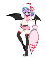 Rule 34 | 1girl, alternate costume, bat wings, boots, closed umbrella, female focus, full body, hat, high heels, hyouju issei, midriff, navel, purple hair, race queen, red eyes, remilia scarlet, shoes, short hair, shorts, simple background, smile, solo, thigh boots, thighhighs, touhou, umbrella, white background, wings