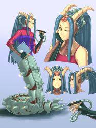Rule 34 | 1girl, blue hair, brain, claws, colored skin, commentary, cyborg, doom (series), doom eternal, english commentary, exposed brain, full body, highres, horns, jacket, lamia, long hair, looking at viewer, mechanical parts, monster girl, one eye closed, orange eyes, pencil, solo, stylus, substance20, tablet pc, very long hair, whiplash (doom eternal), yellow skin