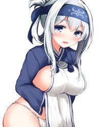 Rule 34 | 10s, 1girl, :d, ainu, ainu clothes, blue eyes, blush, breasts, clothes lift, cropped jacket, don (29219), dress, folded ponytail, fundoshi, headband, japanese clothes, kamoi (kancolle), kantai collection, large breasts, lifting own clothes, long hair, long sleeves, looking at viewer, open mouth, sidelocks, simple background, skirt, skirt lift, sleeveless, sleeveless dress, smile, solo, thick eyebrows, white dress, white hair