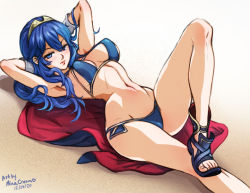 Rule 34 | 1girl, alternate costume, artist name, bikini, blue bikini, blue eyes, blue footwear, blue hair, breasts, cape, closed mouth, dated, english text, fire emblem, hair between eyes, long hair, looking at viewer, lucina (fire emblem), lying, mina cream, nintendo, on back, on ground, sand, sandals, solo, swimsuit, tiara, toenails, toes, two-tone cape