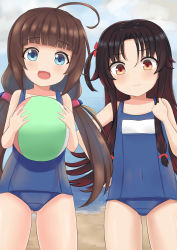 Rule 34 | 10s, 2girls, :d, absurdres, ahoge, ball, bare arms, bare shoulders, beach, beachball, black hair, blue eyes, blue one-piece swimsuit, blunt bangs, blush, brown hair, closed mouth, collarbone, commentary request, covered navel, gluteal fold, hair between eyes, hair ribbon, hand up, hands up, hank (spider921), highres, hinatsuru ai, holding, holding ball, long hair, low twintails, multiple girls, ocean, old school swimsuit, one-piece swimsuit, open mouth, red eyes, red ribbon, ribbon, ryuuou no oshigoto!, sand, school swimsuit, sidelocks, smile, swimsuit, teeth, twintails, upper teeth only, very long hair, water, yashajin ai