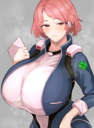 Rule 34 | 1girl, blush, bodysuit, breasts, closed mouth, clover, clover print, collar, fortune (last origin), four-leaf clover, highres, huge breasts, last origin, looking at viewer, mechanical arms, papipukepo, parted bangs, red eyes, red hair, single mechanical arm, smile