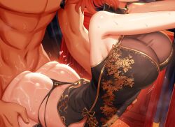 Rule 34 | 1boy, 1girl, ass, ass press, ass ripple, bare shoulders, blush, breasts, china dress, chinese clothes, clothed female nude male, clothed sex, dress, fate/grand order, fate (series), fujimaru ritsuka (female), head out of frame, hetero, highres, large breasts, m-da s-tarou, nude, open mouth, panties, pelvic curtain, sex, sex from behind, short dress, short hair, side-tie panties, smile, solo focus, thighhighs, thong, underwear