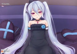 Rule 34 | ..., 1girl, bare shoulders, black dress, black gloves, black neckwear, blush, bridal gauntlets, choker, dress, english text, gloves, granblue fantasy, hair between eyes, half-closed eyes, head tilt, heart, heart-shaped pillow, indoors, long hair, looking at viewer, mind control, orchis, parted lips, patreon logo, patreon username, pillow, pink eyes, pov, sitting, solo focus, twintails, vahn yourdoom, very long hair, watermark, white hair