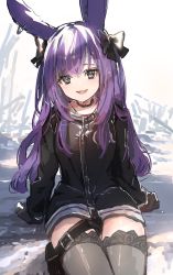 Rule 34 | 1girl, animal ears, arknights, arm support, black bow, black choker, black eyes, black jacket, black thighhighs, bow, choker, commentary, cowboy shot, debris, ear piercing, gawako, hair bow, highres, jacket, light particles, long hair, long sleeves, looking at viewer, open mouth, piercing, pouch, purple hair, rabbit ears, rope (arknights), sitting, smile, solo, thigh pouch, thighhighs, white background