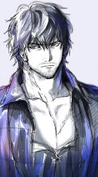 Rule 34 | 1boy, absurdres, bara, barnabas tharmr, beard stubble, black hair, chi no su, facial hair, final fantasy, final fantasy xvi, gradient clothes, highres, jitome, large pectorals, looking to the side, male focus, mature male, pectorals, short hair, sideways glance, sketch, solo, spot color, stubble, thick eyebrows, upper body