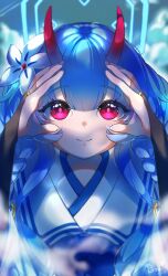 Rule 34 | 1girl, absurdres, blue archive, chise (blue archive), flower, halo, hands up, highres, horns, japanese clothes, red eyes, sinsa104, solo