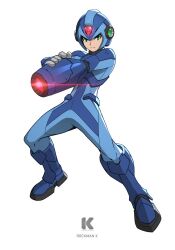 1boy alternate_costume android arm_cannon blue_eyes character_name full_body hand_on_weapon helmet highres kadej looking_at_viewer male_focus mega_man_(series) mega_man_x_(series) redesign serious simple_background solo standing weapon white_background x_(mega_man)