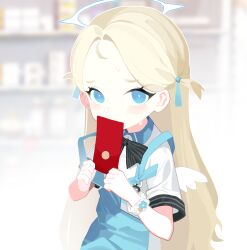 Rule 34 | 1girl, absurdres, apron, blonde hair, blue archive, blue eyes, blurry, blurry background, forehead, halo, highres, hongbao, looking at viewer, qianhui, shelf, solo, sora (blue archive), sweatdrop, wings