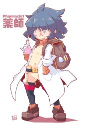 Rule 34 | 1girl, :d, backpack, bag, belt, black belt, black thighhighs, blue hair, boots, breasts, brown footwear, flask, full body, glasses, gloves, groin, hair over eyes, hand in pocket, holding, lab coat, long sleeves, navel, nipples, open clothes, open mouth, original, pussy, reku, round-bottom flask, round eyewear, shadow, signature, small breasts, smile, solo, standing, thighhighs, uncensored, vial, white background, white gloves