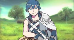 Rule 34 | 1boy, armor, blue eyes, blue hair, cape, chrom (fire emblem), closed mouth, collarbone, commentary, english commentary, fire emblem, fire emblem awakening, gloves, hair between eyes, looking at viewer, male focus, nintendo, oneroom-disco, outdoors, short hair, single sleeve, solo, straight-on, upper body, white cape