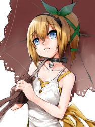 Rule 34 | 1girl, black choker, blonde hair, blue eyes, breasts, choker, closed mouth, collarbone, doku gorira, dress, edna (tales), gloves, hair ribbon, holding, holding umbrella, ribbon, side ponytail, simple background, single glove, solo, tales of (series), tales of zestiria, umbrella, white background, white dress