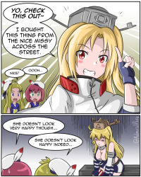 Rule 34 | = =, admiral paru, arrow (symbol), aulick (azur lane), azur lane, bangs pinned back, beret, blonde hair, borrowed clothes, breasts, charles ausburne (azur lane), cleavage, cleveland (azur lane), comic, commentary, crossover, english commentary, english text, eyes visible through hair, fingerless gloves, gloves, green eyes, grin, hair ornament, hairclip, hat, hat feather, iowa (kancolle), kantai collection, large breasts, miniskirt, o3o, open mouth, purple eyes, recycling symbol, red eyes, red hair, skirt, smile, striped clothes, striped skirt, twitter username