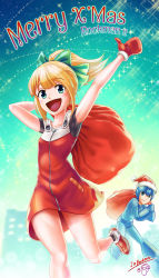 Rule 34 | 1boy, 1girl, blonde hair, blue eyes, blush, bow, breasts, capcom, christmas, gloves, gradient background, hat, helmet, high ponytail, highres, holding, holding sack, mega man (character), mega man (classic), mega man (series), mega man 11, merry christmas, muffle, open mouth, outstretched arm, ponytail, ribbon, roll (mega man), sack, santa hat, shoes, short ponytail, sidelocks, signature, small breasts, smile, sparkle, text focus, zipper