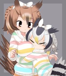 Rule 34 | 2girls, between breasts, bird tail, blonde hair, blush, bow, breasts, brown eyes, brown hair, closed eyes, closed mouth, commentary request, eurasian eagle owl (kemono friends), expressionless, face between breasts, grey background, grey hair, hair between eyes, hair bow, head between breasts, heart, highres, hug, kemono friends, large breasts, lets0020, long sleeves, looking at another, medium bangs, multicolored hair, multiple girls, northern white-faced owl (kemono friends), short hair, stiff tail, striped clothes, striped sweater, sweater, tail, two-tone background, upper body, v-shaped eyebrows, white bow, white sweater