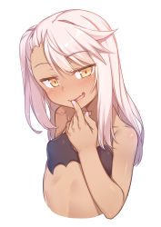 Rule 34 | 1girl, blush, breasts, chloe von einzbern, commentary request, dark-skinned female, dark skin, fang, fate/kaleid liner prisma illya, fate (series), finger to mouth, long hair, looking at viewer, nail polish, open mouth, pink hair, pink nails, racer (magnet), simple background, small breasts, smile, solo, upper body, white background, yellow eyes