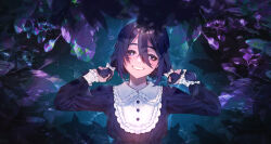 Rule 34 | 1girl, black eyes, black hair, bow, buttons, collar, collared dress, commission, dress, floral background, frilled collar, frills, hair between eyes, hair bow, highres, holding own hair, long hair, long sleeves, looking at viewer, multiple hair bows, nikubou maranoshin, sidelocks, skeb commission, sleeve cuffs, smile, solo, ukagaka, upper body, white bow, yume nikki (ukagaka)