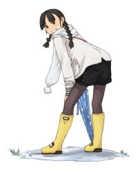 Rule 34 | 1girl, boots, braid, closed umbrella, original, pantyhose, rubber boots, scarf, solo, tamaru tokihiko, twintails, umbrella, water