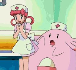 Rule 34 | 1girl, 1other, animated, animated gif, apron, chansey, creature, creatures (company), cross, dress, egg, feet out of frame, game freak, gen 1 pokemon, hair rings, hat, indoors, joy (pokemon), lowres, nintendo, nurse, nurse cap, pink hair, pokemon, pokemon (anime), pokemon (creature), puffy short sleeves, puffy sleeves, red cross, short dress, short sleeves, spanked, standing, surprised, white apron, yuri