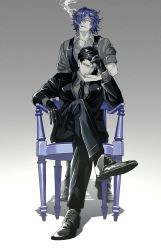 Rule 34 | 2boys, black footwear, black gloves, black hair, black jacket, black necktie, black pants, black suit, black vest, blue hair, chair, cigarette, collared shirt, comb over, crossed legs, elbow rest, fate/grand order, fate (series), formal, full body, gloves, gradient background, grey background, grey shirt, hair over one eye, hand on another&#039;s chin, hand on own head, highres, jacket, kimiruun, lapel pin, looking at viewer, male focus, multiple boys, necktie, okada izou (fate), okada izou (i&#039;m one dapping fella) (fate), open collar, oxfords, pants, ponytail, serious, shadow, shirt, short hair, simple background, sitting, sleeves rolled up, smoke, smoking, standing, suit, takechi zuizan (fate), vest, yellow eyes