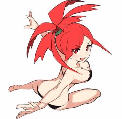 Rule 34 | 1girl, ass, black bra, black panties, bra, breasts, creatures (company), flannery (pokemon), frilled bra, frills, game freak, gym leader, large breasts, long hair, nintendo, outstretched arm, outstretched hand, panties, pokemon, pokemon oras, ponytail, red eyes, red hair, saitou naoki, simple background, sketch, smile, solo, underwear, underwear only, white background