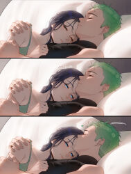 Rule 34 | 1boy, 1girl, absurdres, black hair, blue eyes, couple, edogawa kigoro, green hair, heart, hetero, highres, hug, kiss, kissing forehead, lying, nico robin, on back, on side, one piece, pillow, roronoa zoro, short hair, sleeping, very short hair