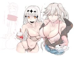 Rule 34 | 10s, 3girls, :d, abyssal ship, aircraft carrier oni, aircraft carrier water oni, bare shoulders, bikini, bikini top only, breasts, cleavage, collarbone, color guide, colored eyelashes, covered erect nipples, cup, dark nipples, denim, denim shorts, drinking straw, from above, grey bikini, hair ornament, holding, holding cup, hood, hood down, hoodie, kantai collection, large breasts, long hair, looking at another, multiple girls, navel, nipples, off shoulder, one side up, open mouth, orange eyes, panties, pink panties, seaport princess, see-through, shorts, simple background, skindentation, smile, smoothie, sukueni, sweat, swimsuit, troll face, underwear, unzipped, veins, whipped cream, white background, white bikini, white hair