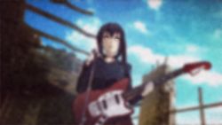 Rule 34 | 1girl, animated, animated gif, arsenixc, black hair, blurry, brown eyes, clothes lift, cloud, depth of field, electric guitar, guitar, instrument, k-on!, light particles, long hair, lowres, microphone, microphone stand, nakano azusa, ruins, skirt, skirt lift, sky, solo, standing, wind