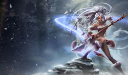 Rule 34 | 1girl, animal, boots, league of legends, loincloth, long hair, midriff, navel, nidalee, official art, polearm, ponytail, snow, snow bunny nidalee, solo, spear, weapon, white hair