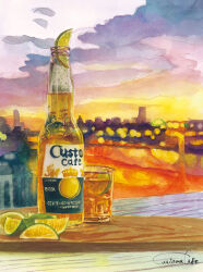 Rule 34 | alcohol, artworksmil, beer, beer bottle, city, cityscape, cup, drinking glass, food, fruit, highres, lime (fruit), lime slice, no humans, original, painting (medium), realistic, scenery, signature, skyline, traditional media, watercolor (medium)