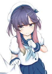 Rule 34 | 1girl, blue neckerchief, blue sailor collar, blue skirt, eyes visible through hair, gloves, gradient hair, hair between eyes, hand on own chest, hat, holding, holding clothes, holding shirt, kantai collection, long hair, looking at viewer, multicolored hair, neckerchief, pleated skirt, puffy short sleeves, puffy sleeves, purple hair, sailor collar, sailor hat, school uniform, serafuku, shirt, short sleeves, simple background, skirt, smile, solo, tearing up, thighhighs, tsushima (kancolle), white background, white gloves, white hat, yellow eyes, yumemi kusamochi