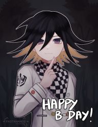Rule 34 | 1boy, :3, absurdres, alternate hair color, artist name, black hair, black scarf, blonde hair, blurry, blurry background, blush, buttons, checkered clothes, checkered neckwear, checkered scarf, closed mouth, danganronpa (series), danganronpa v3: killing harmony, dark background, double-breasted, flower, hair between eyes, hand up, happy birthday, highres, index finger raised, jacket, long sleeves, looking at viewer, male focus, multicolored clothes, multicolored scarf, open mouth, oma kokichi, pastahands, purple eyes, scarf, smile, solo, sunflower, upper body, white jacket, white scarf