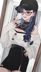 Rule 34 | 1girl, baseball cap, black-framed eyewear, black hair, black hat, black nails, black skirt, blue eyes, blue hair, blush, breasts, cellphone, cleavage, cleavage cutout, clothing cutout, colored inner hair, hand on own hip, hat, highres, holding, holding phone, kson, kson (6th costume), large breasts, looking at viewer, may nakasaki, multicolored hair, nail polish, phone, selfie, skirt, smartphone, smile, solo, streaked hair, sweater, virtual youtuber, vshojo, white sweater