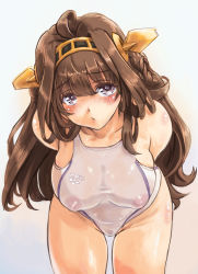 Rule 34 | 10s, 1girl, ahoge, arms behind back, blush, breasts, brown hair, competition swimsuit, covered erect nipples, hairband, highres, huge breasts, kantai collection, kiyama satoshi, kongou (kancolle), leaning forward, long hair, looking at viewer, md5 mismatch, nipples, one-piece swimsuit, purple eyes, simple background, solo, swimsuit