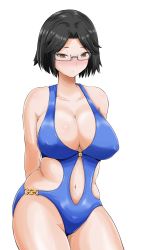 Rule 34 | 1girl, arms behind back, bikini, black hair, blush, breasts, brown eyes, cleavage, commentary request, curvy, glasses, highres, large breasts, mawashite ura-kairanban, original, parted bangs, short hair, solo, swimsuit, yano toshinori