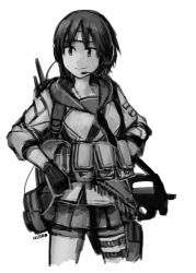 Rule 34 | 10s, 1girl, artist name, body armor, bullpup, ergot, gloves, greyscale, gun, headband, headphones, kantai collection, load bearing vest, looking away, military, monochrome, nagara (kancolle), natori (kancolle), p90, payday (series), payday 2, personal defense weapon, bulletproof vest, short hair, signature, simple background, solo, submachine gun, weapon