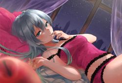 Rule 34 | 1girl, absurdres, apple, bed sheet, blue eyes, blue hair, blue nails, blurry, blurry foreground, bossan 3310, breasts, camisole, collarbone, curtains, depth of field, food, frilled camisole, frilled panties, frills, fruit, hair between eyes, half-closed eyes, hatsune miku, highres, huge filesize, indoors, long hair, looking at viewer, lying, nail polish, off shoulder, on back, panties, parted lips, pillow, pink panties, polka dot, polka dot panties, red apple, romeo to cinderella (vocaloid), sky, small breasts, solo, star (sky), starry sky, underwear, underwear only, vocaloid