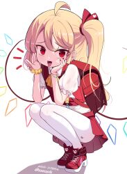 Rule 34 | 1girl, adapted costume, ahoge, arm scrunchie, ascot, blonde hair, crime prevention buzzer, flandre scarlet, full body, hair between eyes, heart, highres, long hair, looking at viewer, mesugaki, multicolored wings, nail polish, no headwear, pantyhose, pixiv id, pleated skirt, puffy short sleeves, puffy sleeves, red eyes, red footwear, red nails, red skirt, red vest, scrunchie, shirt, shoes, short sleeves, side ponytail, simple background, skirt, sneakers, solo, sseopik, teeth, tongue, tongue out, touhou, twitter username, vest, white background, white pantyhose, white shirt, wings, yellow ascot