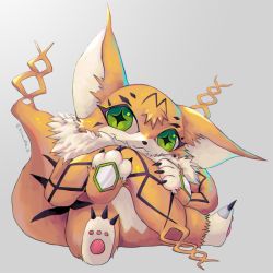 Rule 34 | + +, :3, body fur, claws, closed mouth, commentary request, creature, digimon, digimon (creature), digimon adventure tri., full body, green eyes, grey background, kira (kira dra), looking at viewer, meicoomon, no humans, simple background, sitting, solo, tail